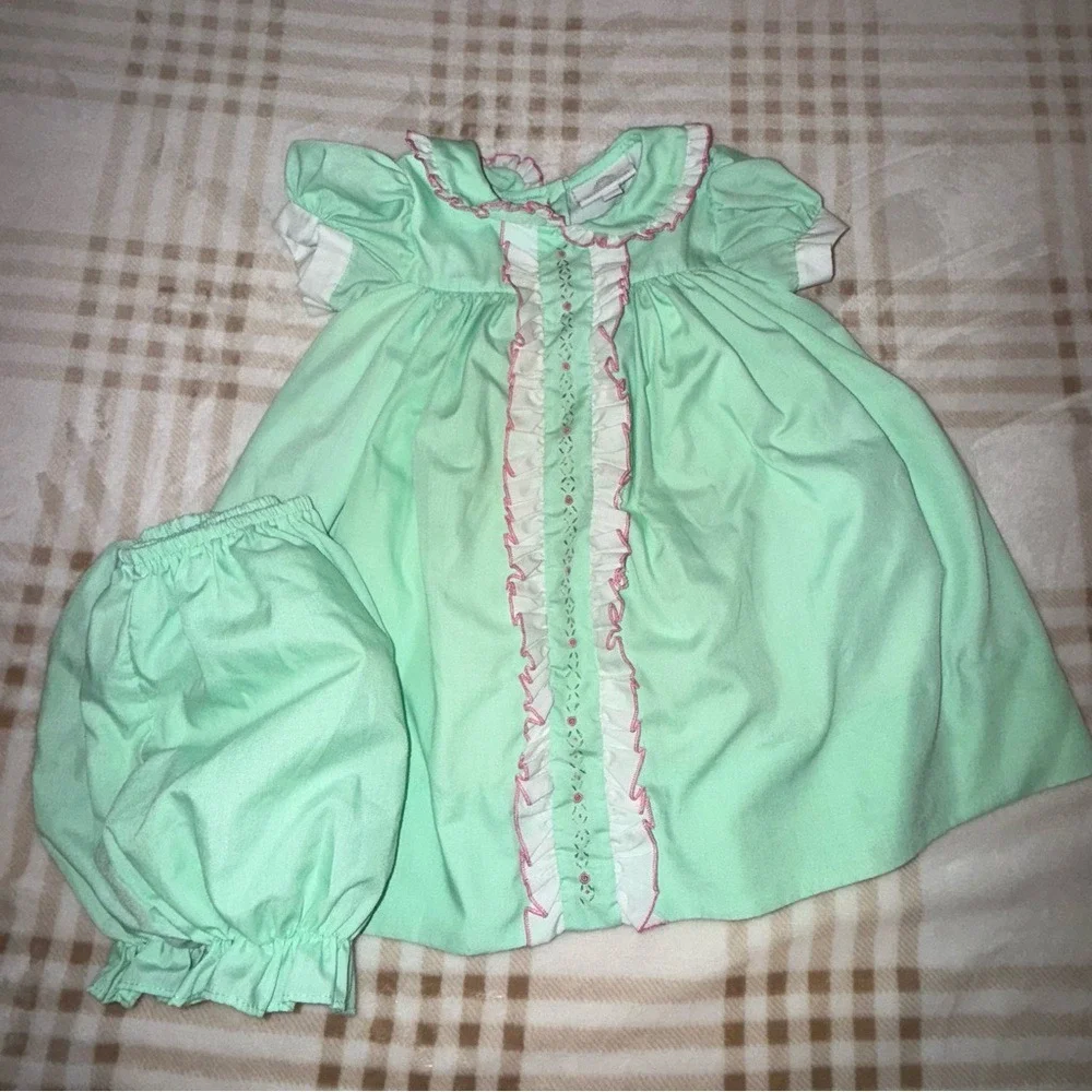 The Proper Peony Mint Green Floral Embroidered Dress and Bloomers Set 18M